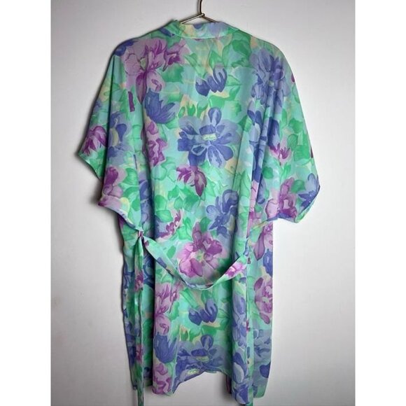 Val Mode Kimono Robe Purple Floral with Belt Short Sleeve Polyester Medium - Picture 7 of 10